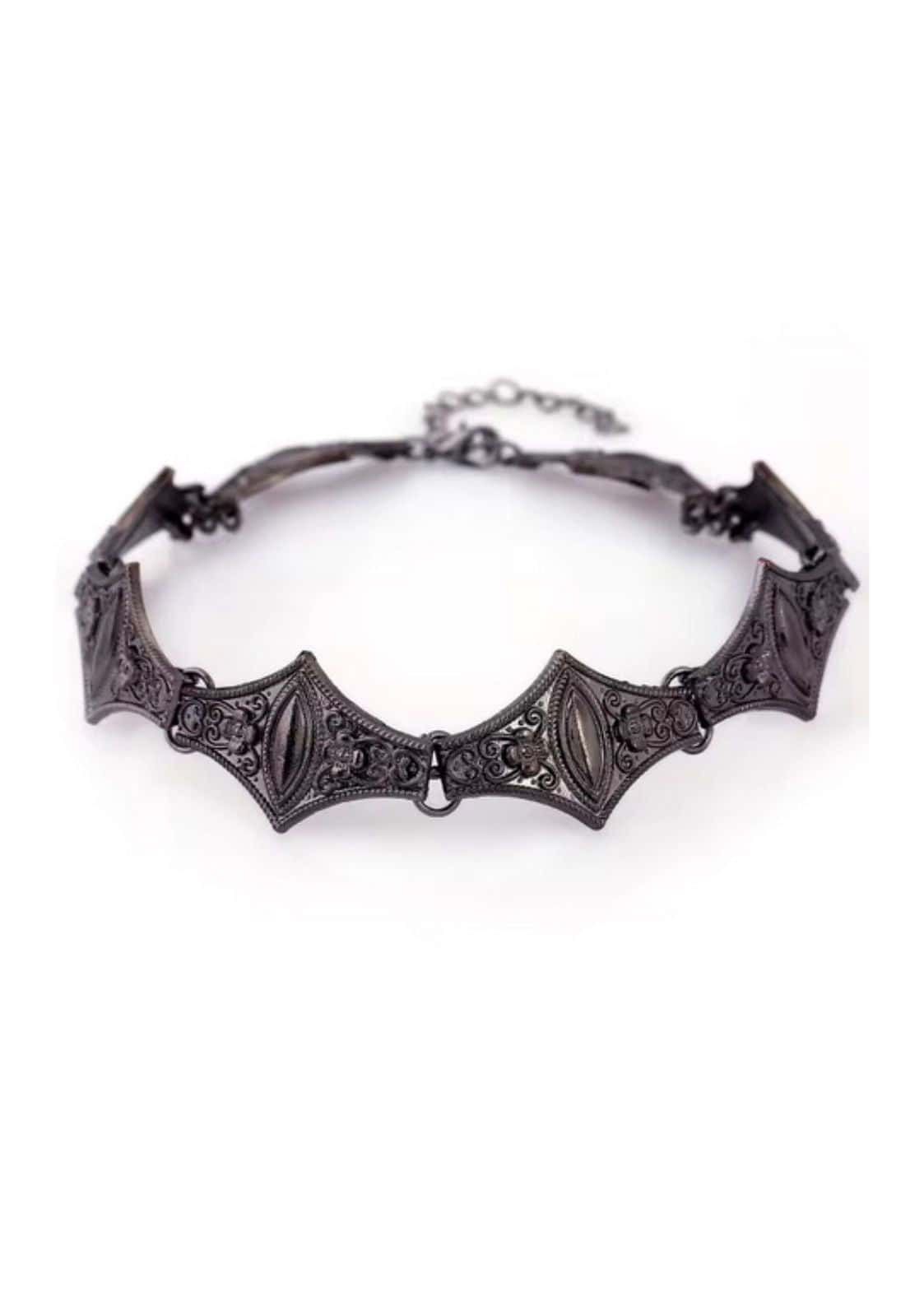 Neo gothic gunmetal halskette mit schwarzer aluminium pulverbeschichteter bat choker und filigraner kette